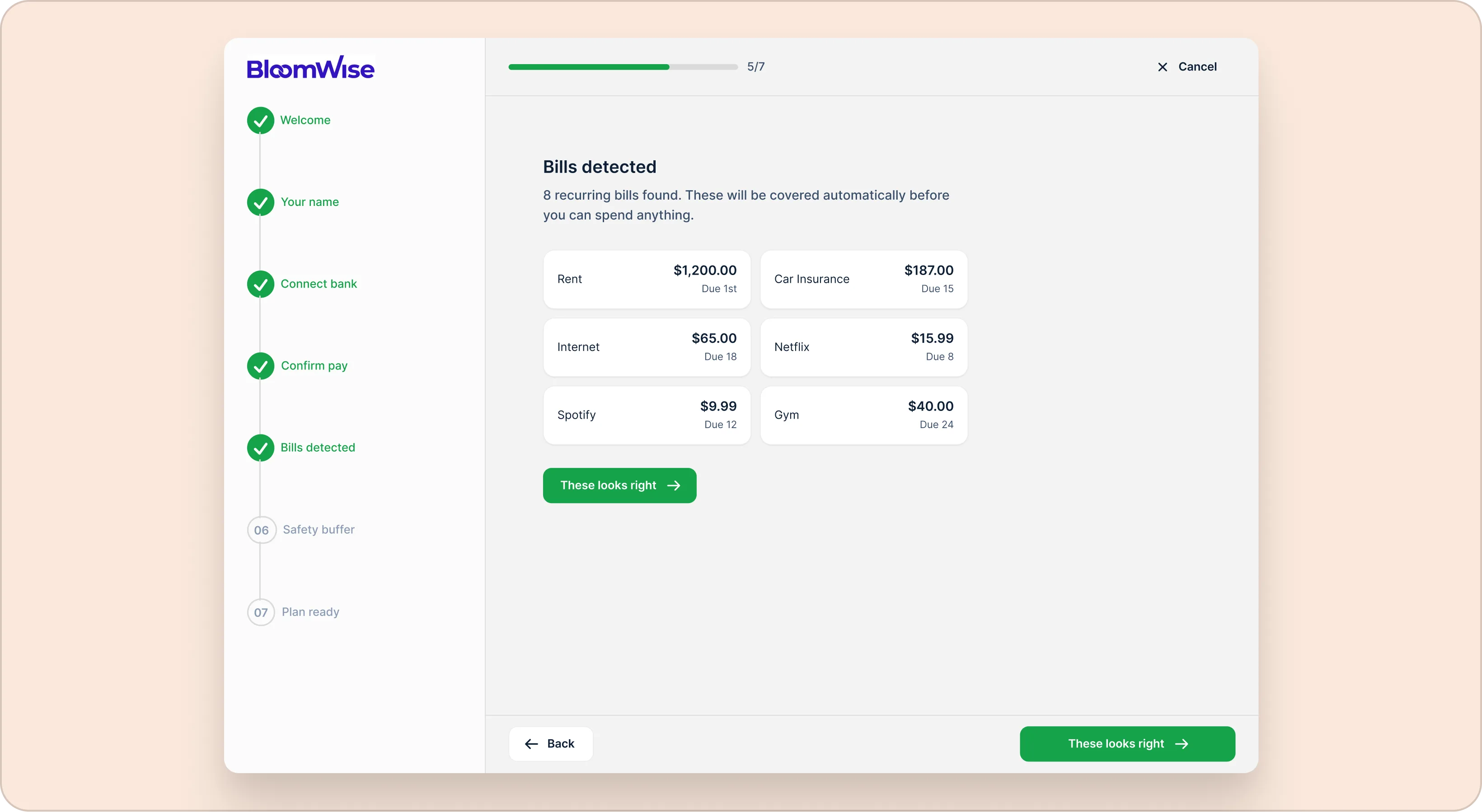 BloomWise onboarding flow connecting payroll and bank to set up the automated plan