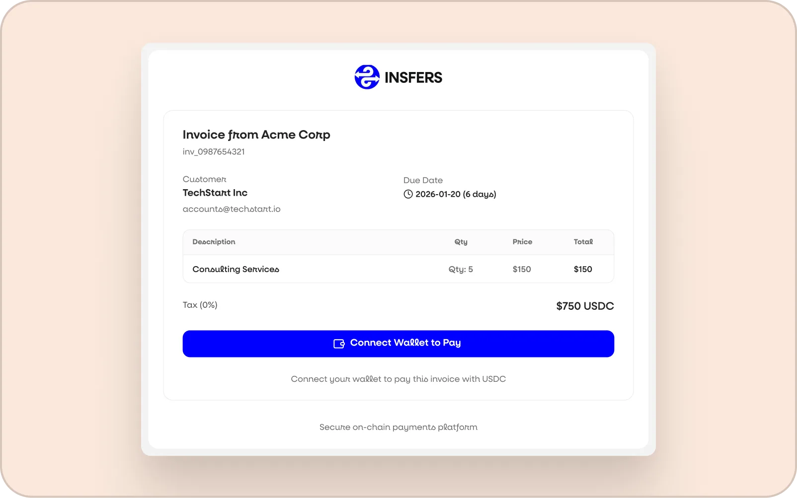 Insfers hosted checkout flow showing wallet connect, chain selection, and payment stepper