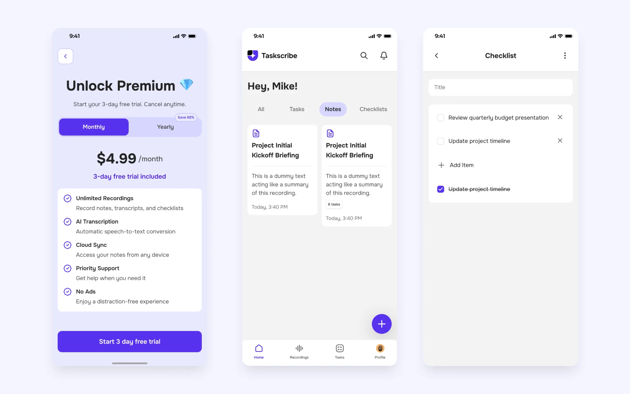 Taskscribe organized notes list with automatic tags and sorting